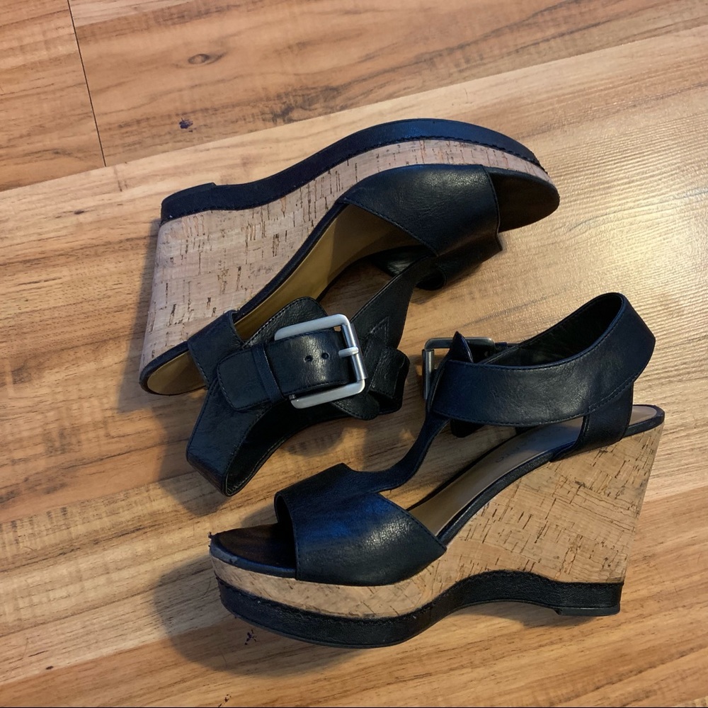Franco Sarto black strap wedges
